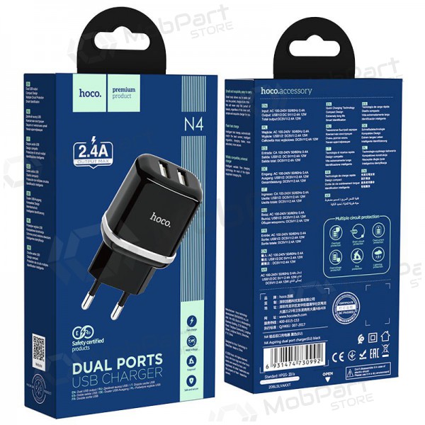 Lader Hoco N4 x 2 USB  jungtimis (2.4A) (svart)