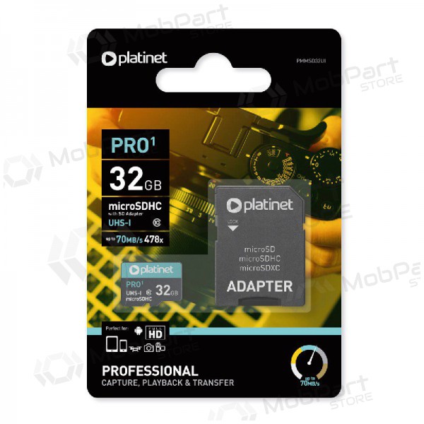 Minnekort Platinet MicroSD 32GB (class10 UHS-I 70MB/S) + SD Adapter