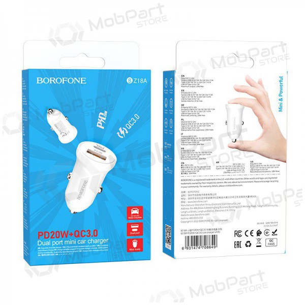 Lader automobilinis Borofone BZ18A USB-A/Type-C PD20W+QC3.0 (hvit)