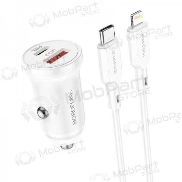 Lader automobilinis Borofone BZ18A USB-A/Type-C PD20W+QC3.0 + Lightning (hvit)