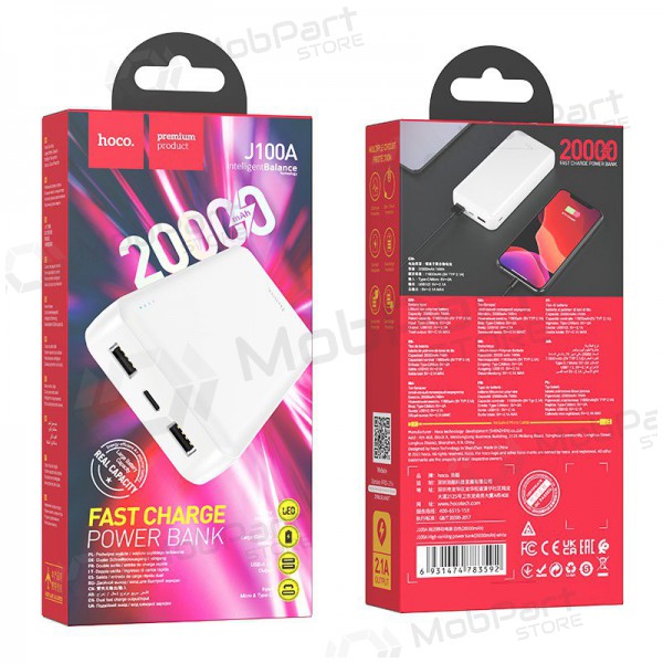 Powerbank Power Bank Hoco J100A 2xUSB-A 20000mAh hvitt