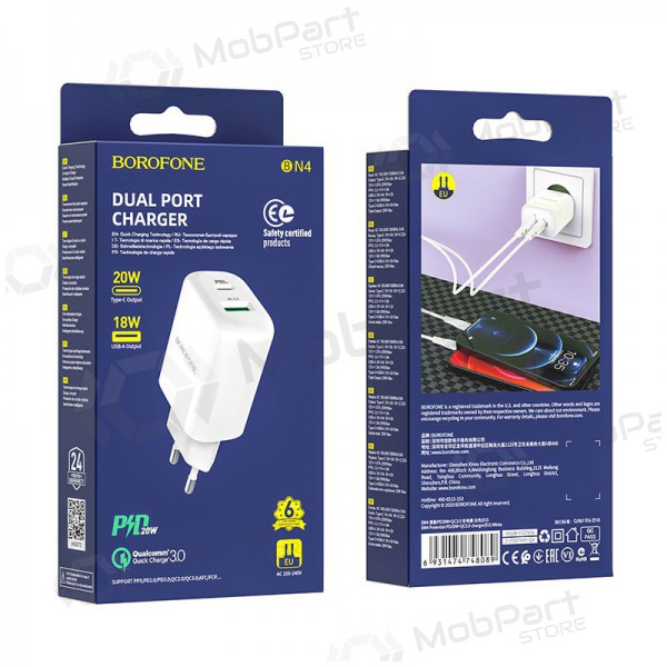 Lader Borofone BN4 1xUSB, 1xType-C QC 3.0, PD 2.0 20W (hvit)