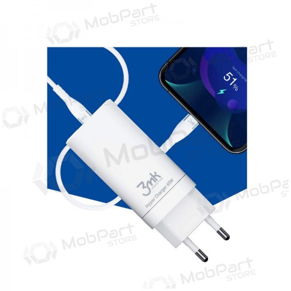Lader 3MK HyperCharger 65W 2xUSB-C, 1xUSB-A PD 3.0/QC 4.0 (hvit)