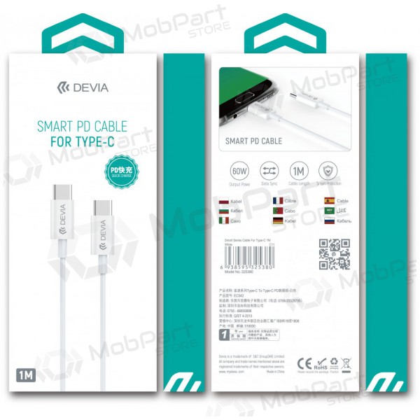 USB kabel Devia Smart PD Type-C -Type-C 20V 3.0A 60W (hvit)