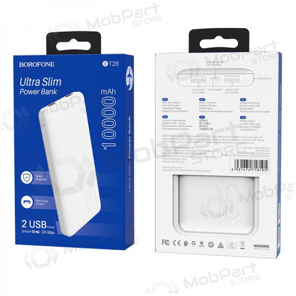 Powerbank Power Bank Borofone BT28 Ultra Slim 10000mAh hvitt Powerbank Power Bank Borofone BT28 Ultra Slim 10000mAh hvitt
