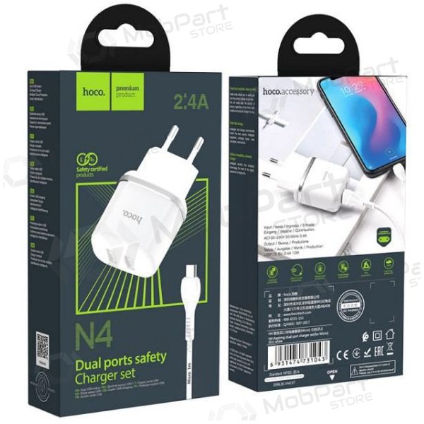 Lader HOCO N4 Aspiring Dual USB + type-C kabel (5V 2.4A) (hvit)