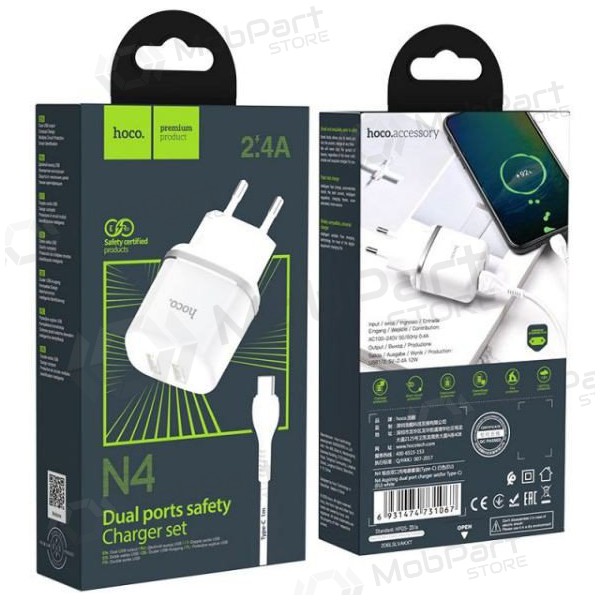 Lader HOCO N4 Aspiring Dual USB + type-C kabel (5V 2.4A) (hvit)