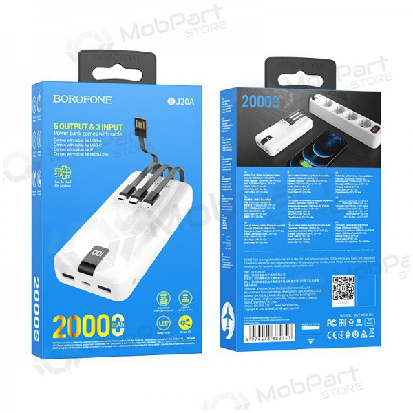 Powerbank Power Bank Borofone BJ20A 5 Output 3 Input 20000mAh hvitt Powerbank Power Bank Borofone BJ20A 5 Output 3 Input 20000mAh hvitt