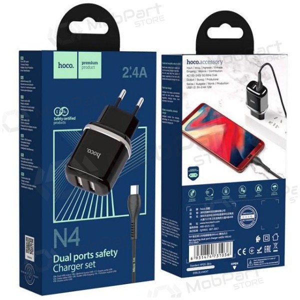 Lader HOCO N4 Aspiring Dual USB + microUSB kabel (5V 2.4A) (svart)