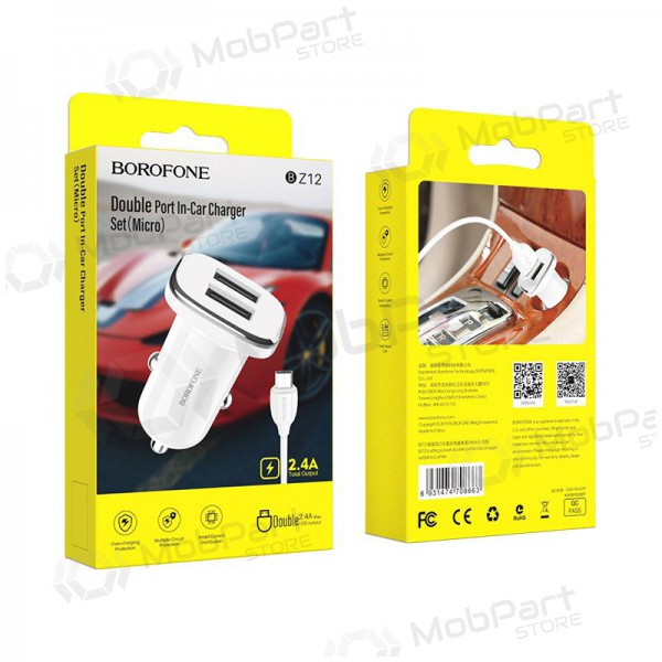 Lader automobilinis Borofone BZ12 USB + microUSB (2.4A) (hvit)