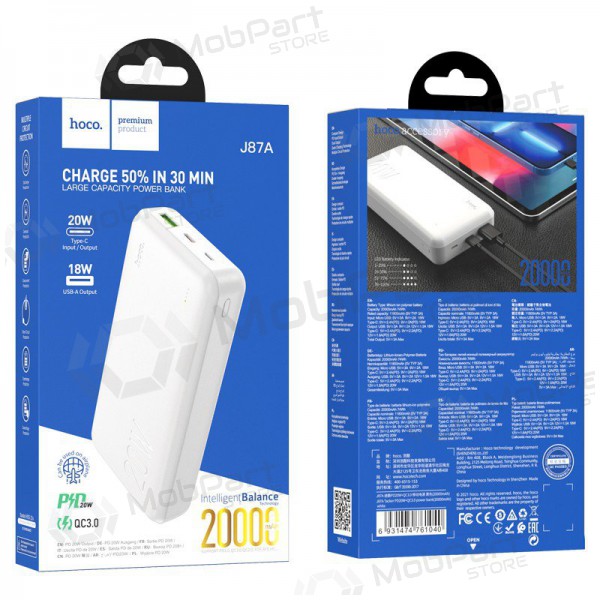 Powerbank Power Bank Hoco J87A Type-C PD 20W+Quick Charge 3.0 20000mAh hvitt Powerbank Power Bank Hoco J87A Type-C PD 20W+Quick Charge 3.0 20000mAh hvitt