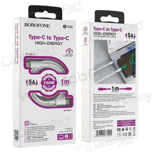 USB kabel Borofone BX44 Type-C - Type-C 100W 1.0m (hvit)