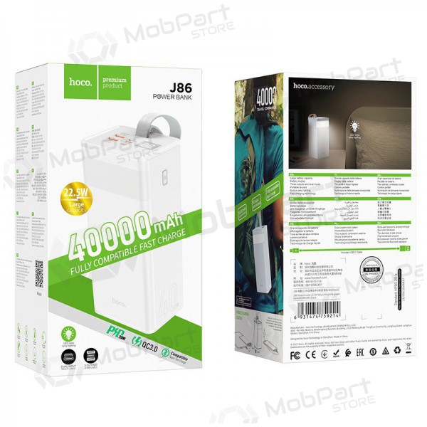 Powerbank Power Bank Hoco J86 22.5W Quick Charge 3.0 40000mAh hvitt Powerbank Power Bank Hoco J86 22.5W Quick Charge 3.0 40000mAh hvitt