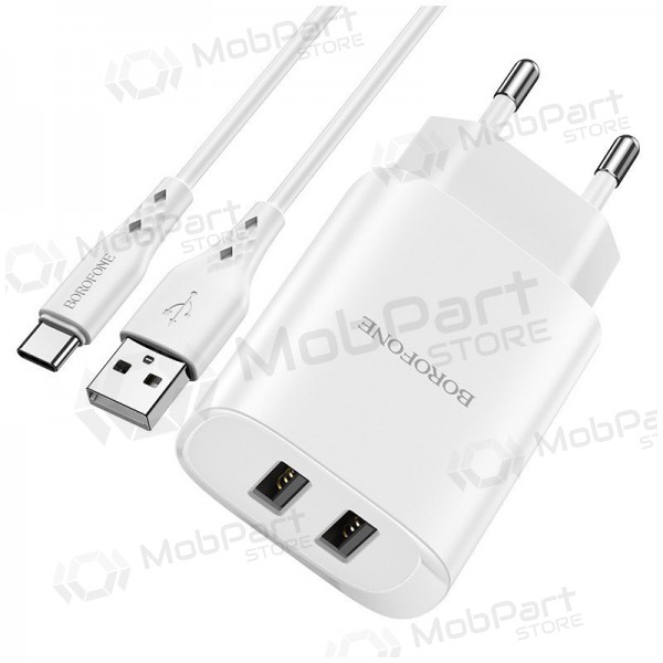 Lader Borofone BN2 2xUSB 2.1A + USB Type-C (hvit)