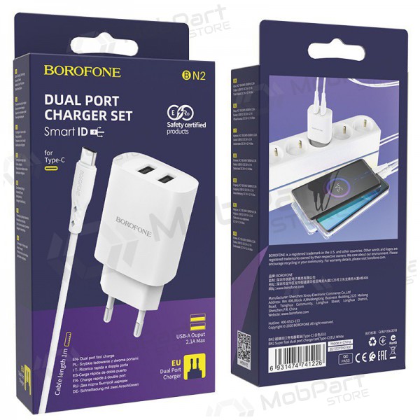 Lader Borofone BN2 2xUSB 2.1A + USB Type-C (hvit)