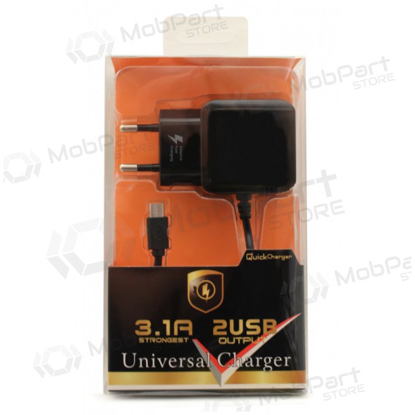 Lader F13c FastCharging x 2 USB (3.1A) + microUSB (svart)