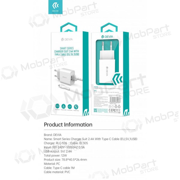 Lader Devia Smart x 2 USB (2.4A) + Type-C (hvit)