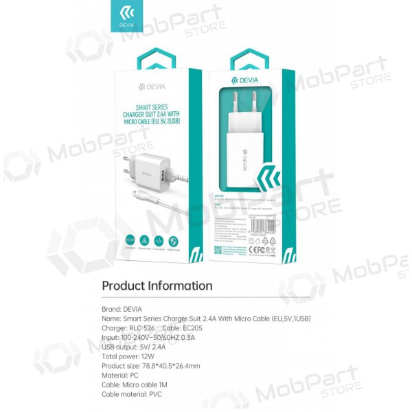 Lader Devia Smart x 2 USB (2.4A) + MicroUSB, (hvit)