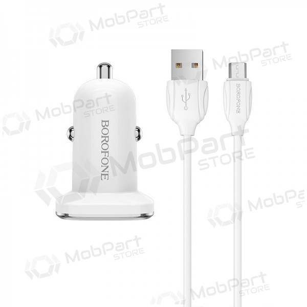 Lader automobilinis Borofone BZ12 USB + microUSB (2.4A) (hvit)