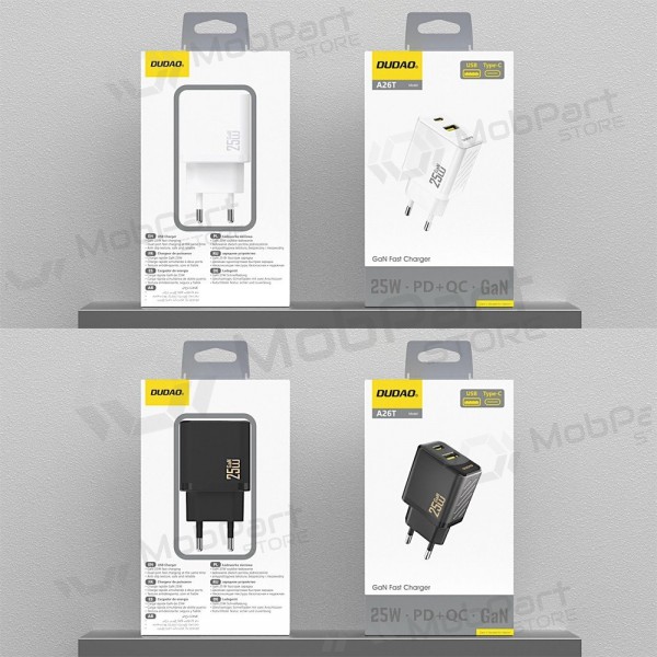Telefonlader Dudao A26T 25 W GaN USB-C + USB-A hvit