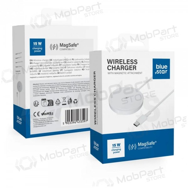 MagSafe trådløs lader Blue Star Charing Pad 15 W med USB-C-kabel hvit