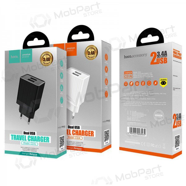 Lader HOCO C51A Prestige power Dual USB (5V 3.4A) (hvit)