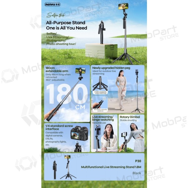 Selfiestang Remax P30 1.8m svart