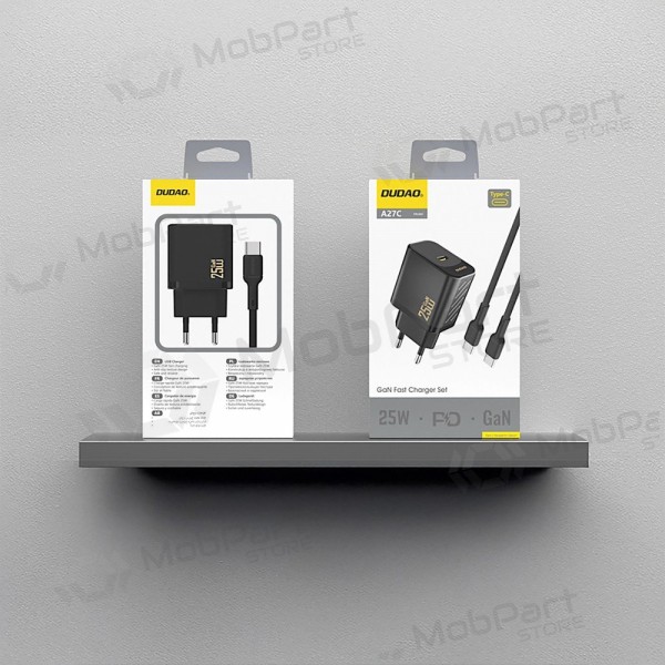 Lader Dudao A27C GaN 25W USB-C + USB-C til USB-C kabel 1.0m svart
