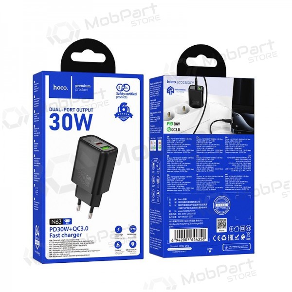 Telefonlader Hoco N63 30 W GaN USB-C + USB-A svart