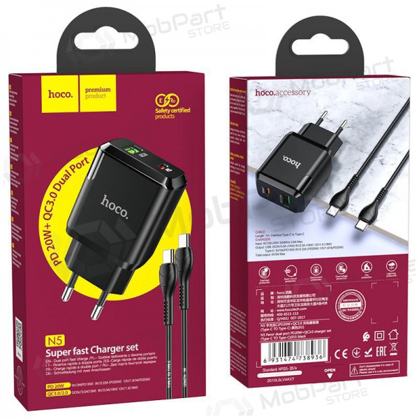 Lader Hoco N5 USB Quick Charge 3.0 + PD 20W (3.1A) + Type-C-Type-C (svart)