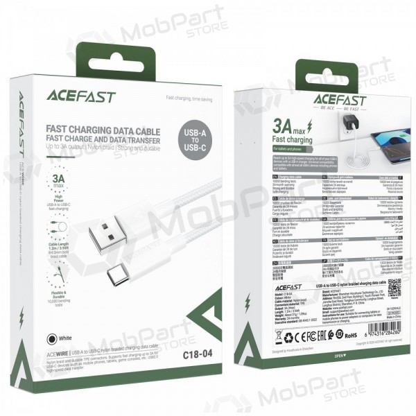 USB kabel Acefast C18-04 USB-A to USB-C 1.2m hvit
