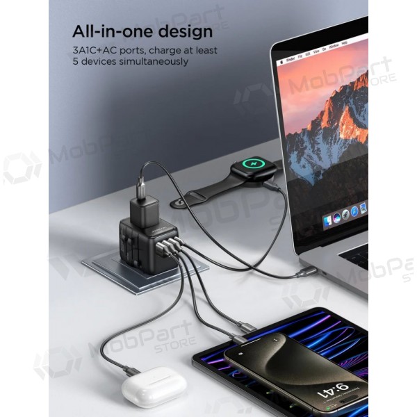 Universell kelioninis lader Joyroom JR-TCW01 3xUSB-A/USB-C svart