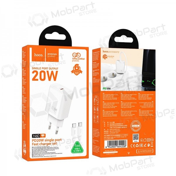 Telefonlader Hoco N60 GaN USB-C med USB-C-kabel 1 m hvit