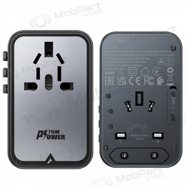 Universell kelioninis lader Acefast Z1 75W GaN 2xUSB-A/3xUSB-C svart