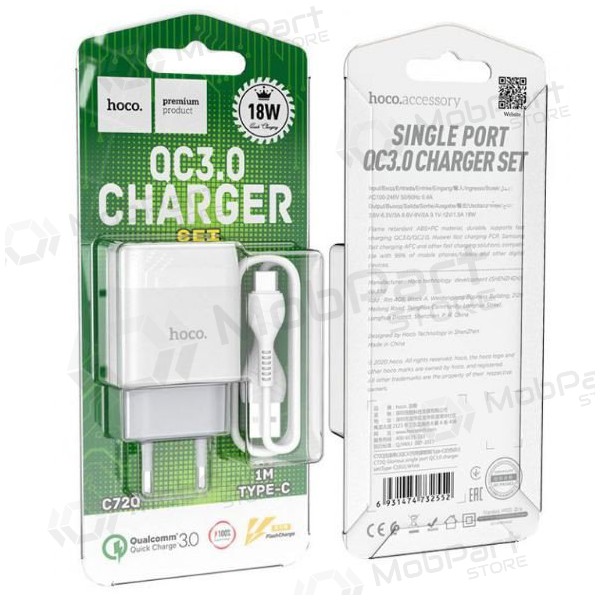Lader HOCO C72Q Glorious + type-C kabel (QC3.0) (hvit)