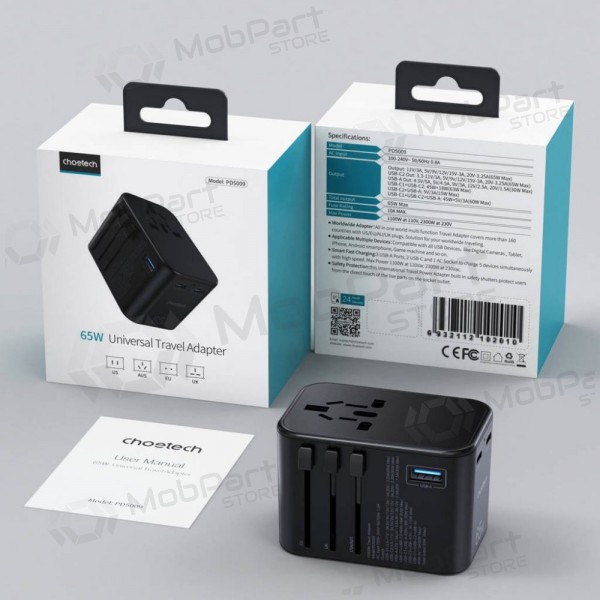 Universell kelioninis lader Choetech PD5009 65W 2xUSB-C/USB-A svart
