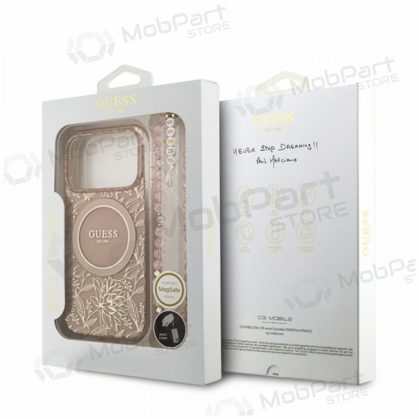 Apple iPhone 18 Pro deksel - Guess IML Flowers Allover Strap MagSafe (rosa)