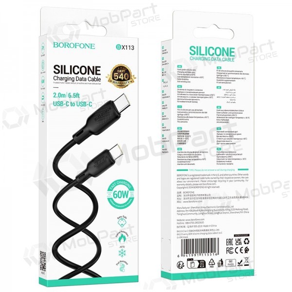 USB kabel Borofone BX113 60W USB-C to USB-C 2.0m svart