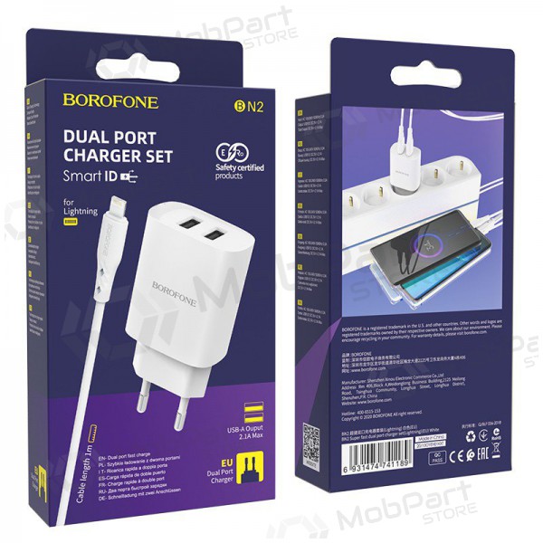 Lader Borofone BN2 2xUSB 2.1A + Lightning (hvit)
