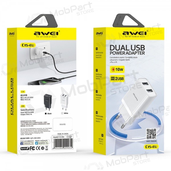 Lader Awei C15T-EU 2xUSB-A 10W + USB to USB-C cable hvit