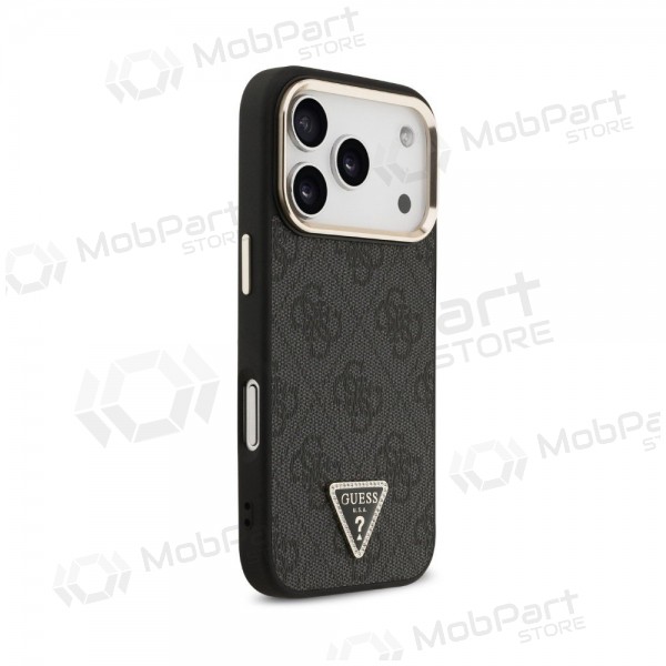 Apple iPhone 18 Pro deksel - Guess PU Leather 4G Strass Triangle Logo Gold Frame MagSafe (svart)