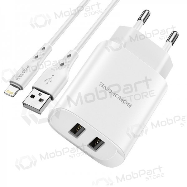 Lader Borofone BN2 2xUSB 2.1A + Lightning (hvit)