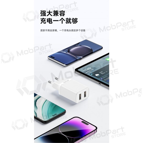 Lader Awei C15T-EU 2xUSB-A 10W + USB to USB-C cable hvit