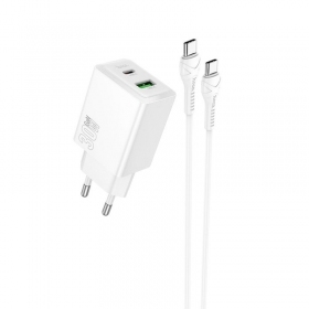 Telefonlader Hoco N71 30 W GaN USB-C + USB-A med USB-C-kabel 1 m hvit