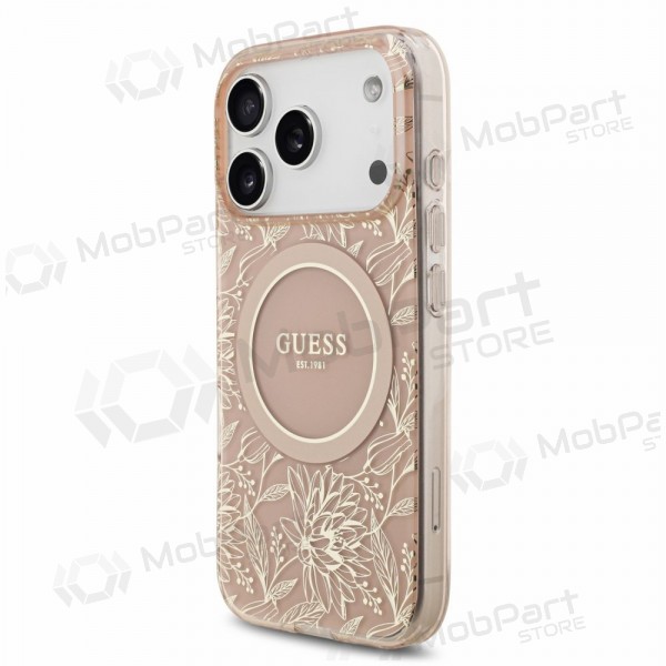 Apple iPhone 18 Pro deksel - Guess IML Flowers Allover Strap MagSafe (rosa)