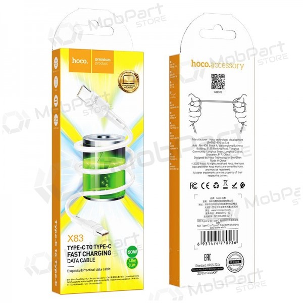 USB kabel Hoco X83 60W Type-C to Type-C 1.0m hvit