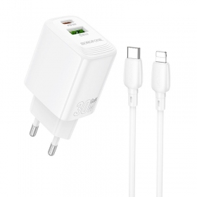 Lader Borofone BN29 30W USB-C/USB-A + USB-C to Lightning cable 1.0m hvit