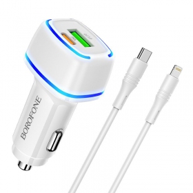 Lader automobilinis Borofone BZ14A PD20W+QC3.0 x 2 USB (Type-C to Lightning) (hvit)