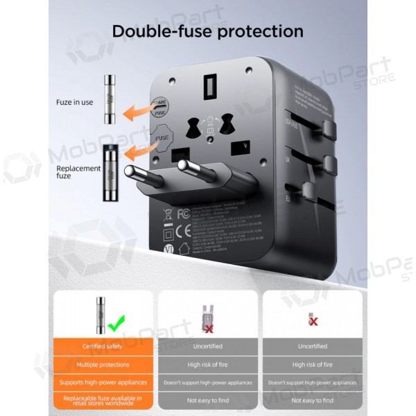 Universell kelioninis lader Joyroom JR-TCW01 3xUSB-A/USB-C svart