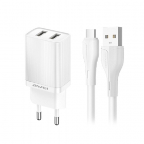 Lader Awei C15T-EU 2xUSB-A 10W + USB to USB-C cable hvit